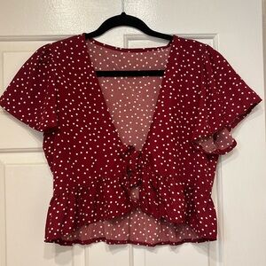 Shein Red and White Polka Dot Tie Front Blouse